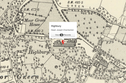 Highbury, the home of Joseph Chamberlain found in the 1891 census records on the different layers of Map
		Explorer™