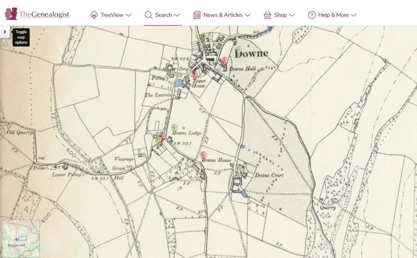 Zooming out allows us to explore the area around the location of census properties on TheGenealogist