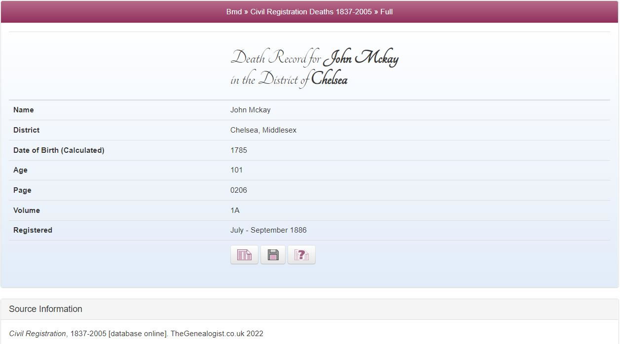 Civil Registration Death Index on TheGenealogist showing McKay's death at 101 in the third quarter of 1886