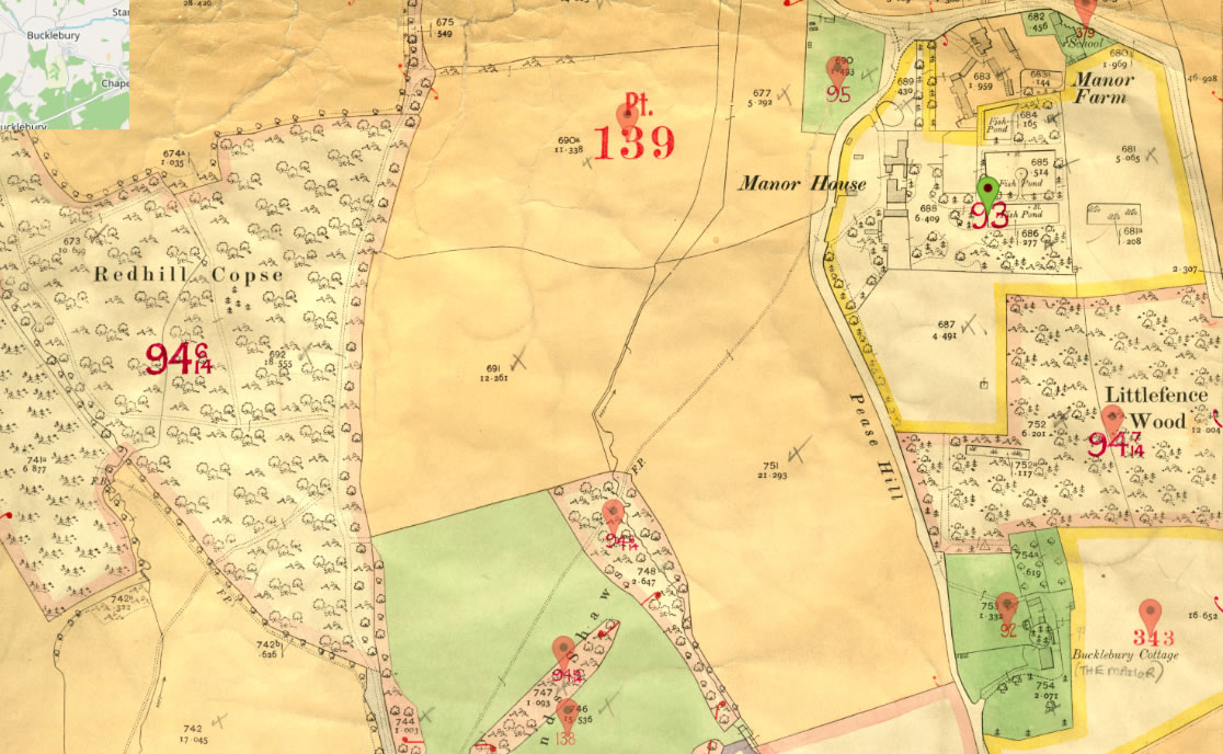 IR126 map from The National Archives digitised on TheGenealogist for plots identified in the Lloyd George
		Domesday Survey reveals the Manor House and Bucklebury Cottage (The Manor).