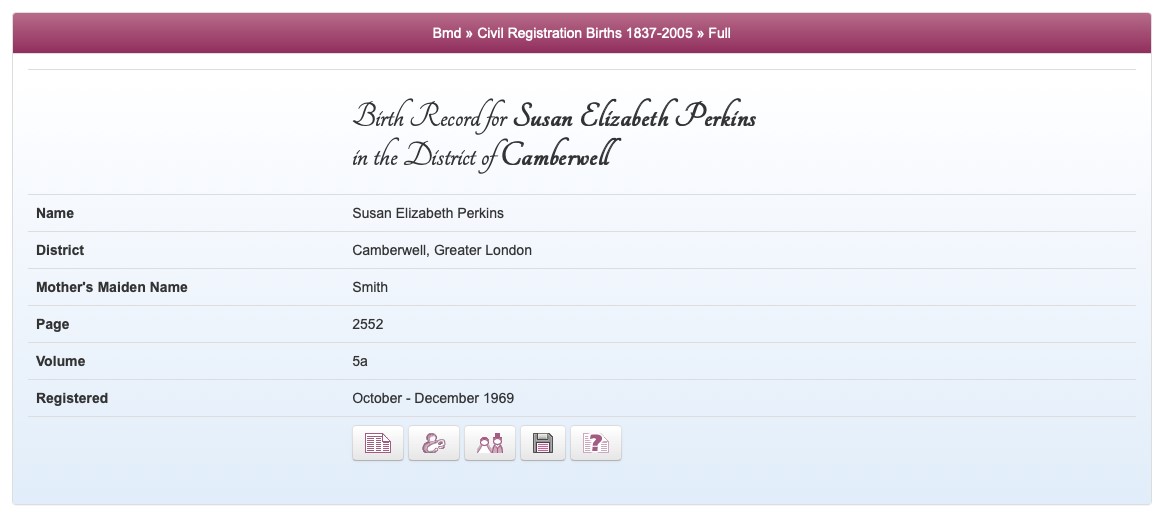Sue Perkins' birth index record at The Genealogist