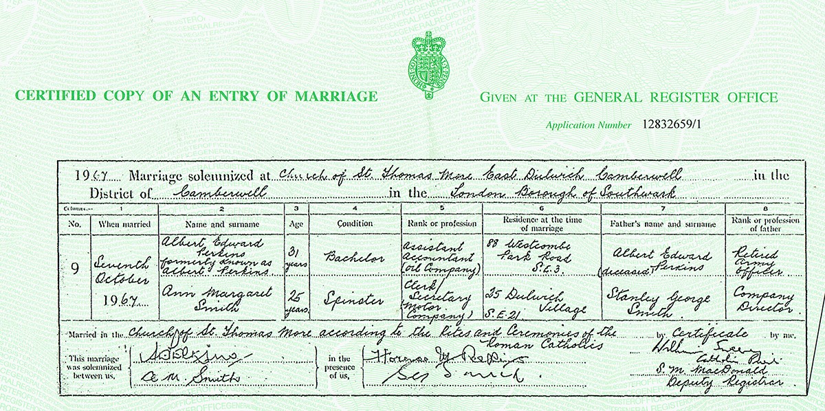 The marriage certificate for Sue Perkins' parents