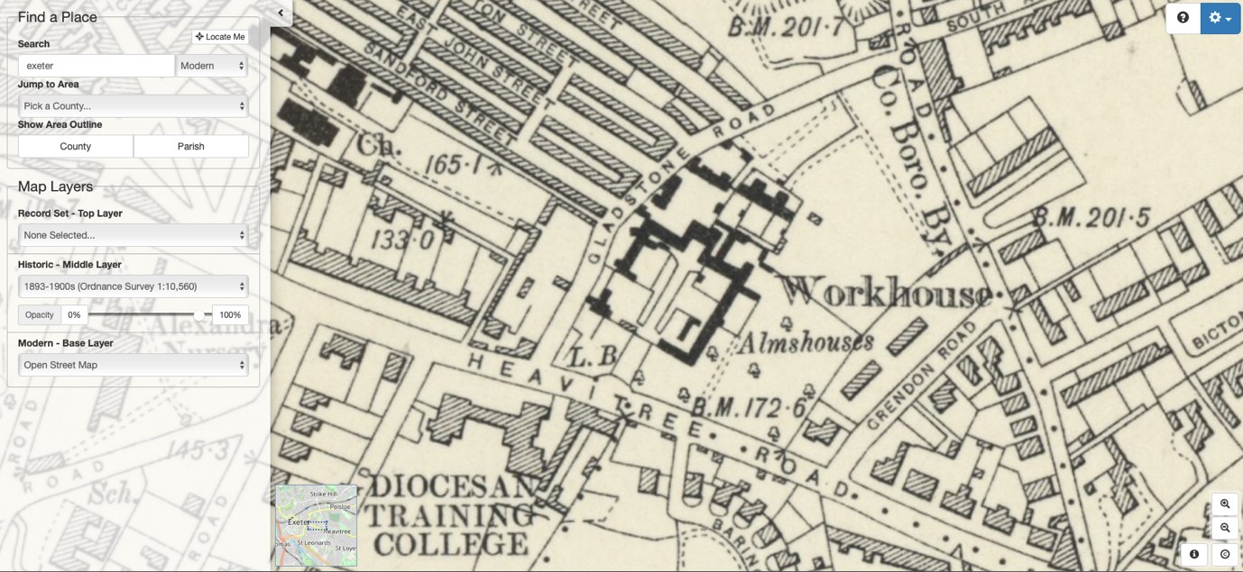 Exeter Workhouse shown on the 1890s Ordnance Survey map available in The Genealogist's Map Explorer