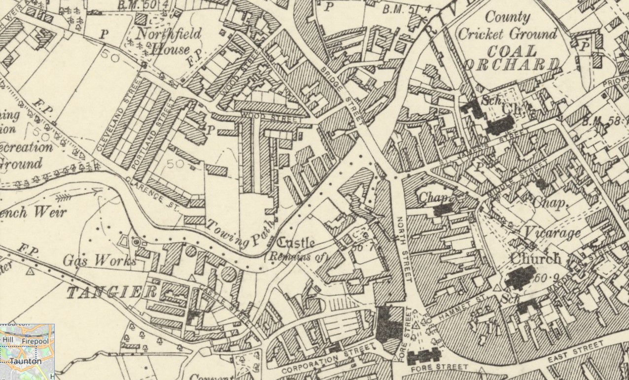 This map of Taunton in the 1890s, in The Genealogist's Map Explorer, reveals the Tangier area is not far from St
		James's Street – both were home to iron foundries where Sue's ancestors would probably have worked