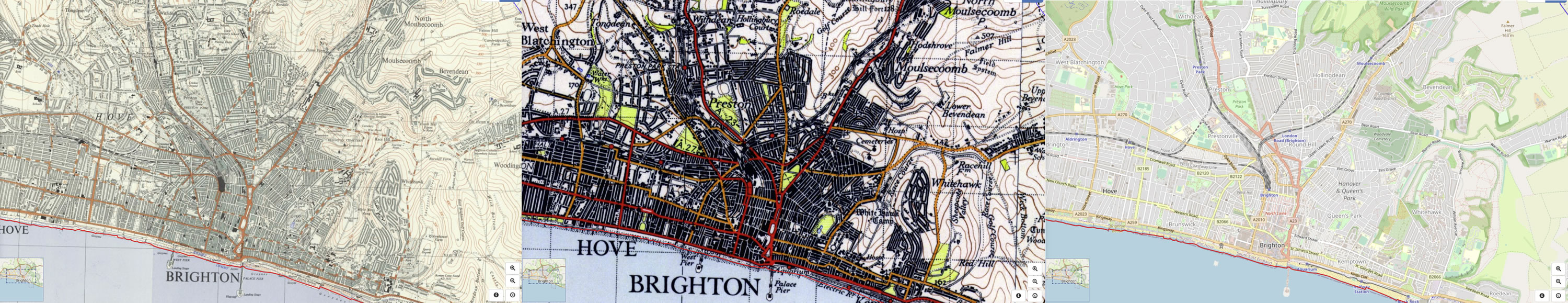 The Map Explorer can also give us a wider sense of how a place has developed over time – here, with maps from
		the 1919–47 and 1937–61 eras as well as today.