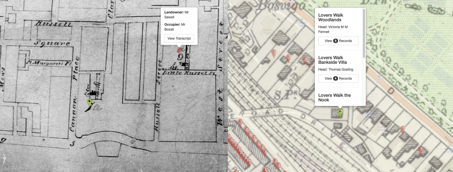 The Genealogist's tithe map here, left, shows Russell Street in the 1850s – where available, there are pins
		which lead to details of landowners and occupants. On the right, the Map Explorer shows Lover's Walk, with
		linked census data showing some residents.