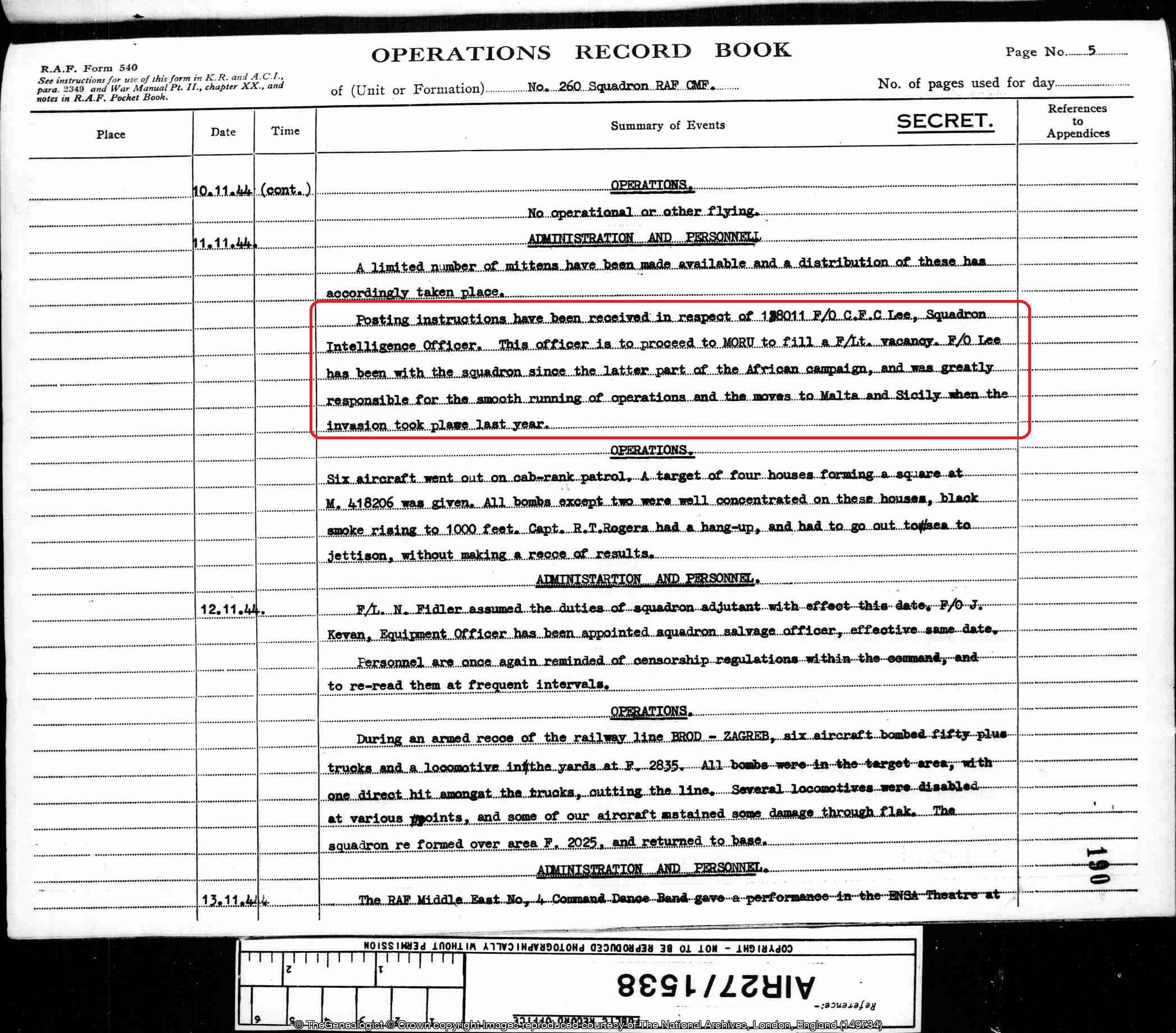 11th November 1944 ORB in which Christopher Lee is posted to MORU to fill a F/Lt vacancy