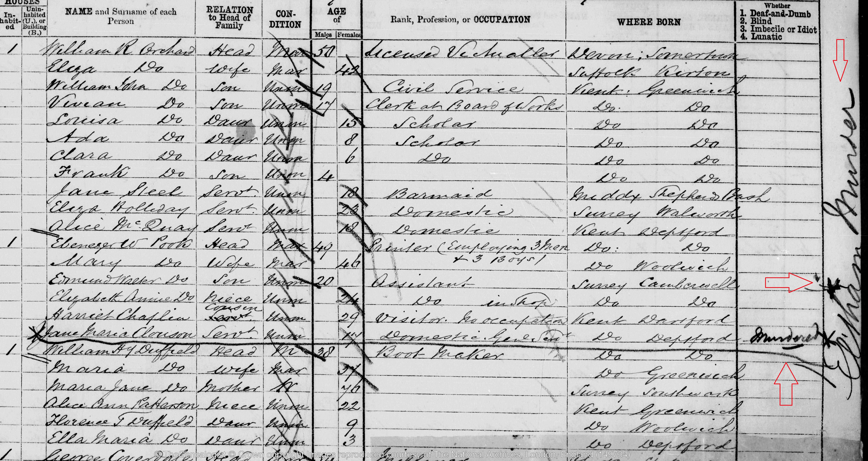 New "Deep Zoomed" 1871 census of Greenwich on TheGenealogist annotated Eltham Murder and Murdered