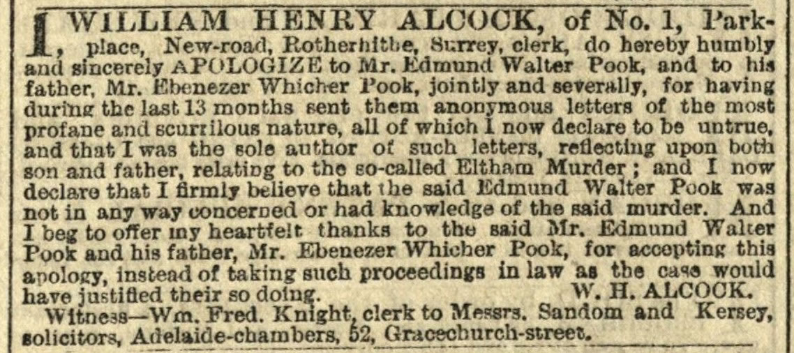 An apology was printed in The Times in July 1872 as found in TheGenealogist's Newspapers and Magazines
		Collection