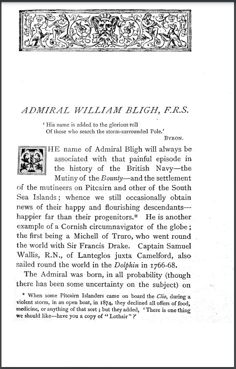 Admiral Bligh’s entry in Cornish Worthies Vol I
