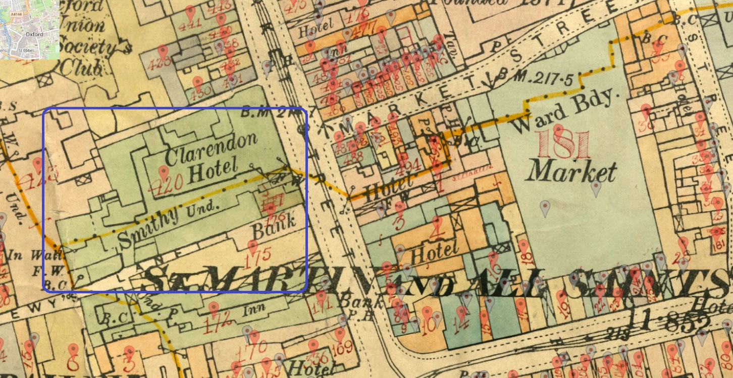 The additional garage space was in the yard of the Clarendon Hotel shown on this IR126 map