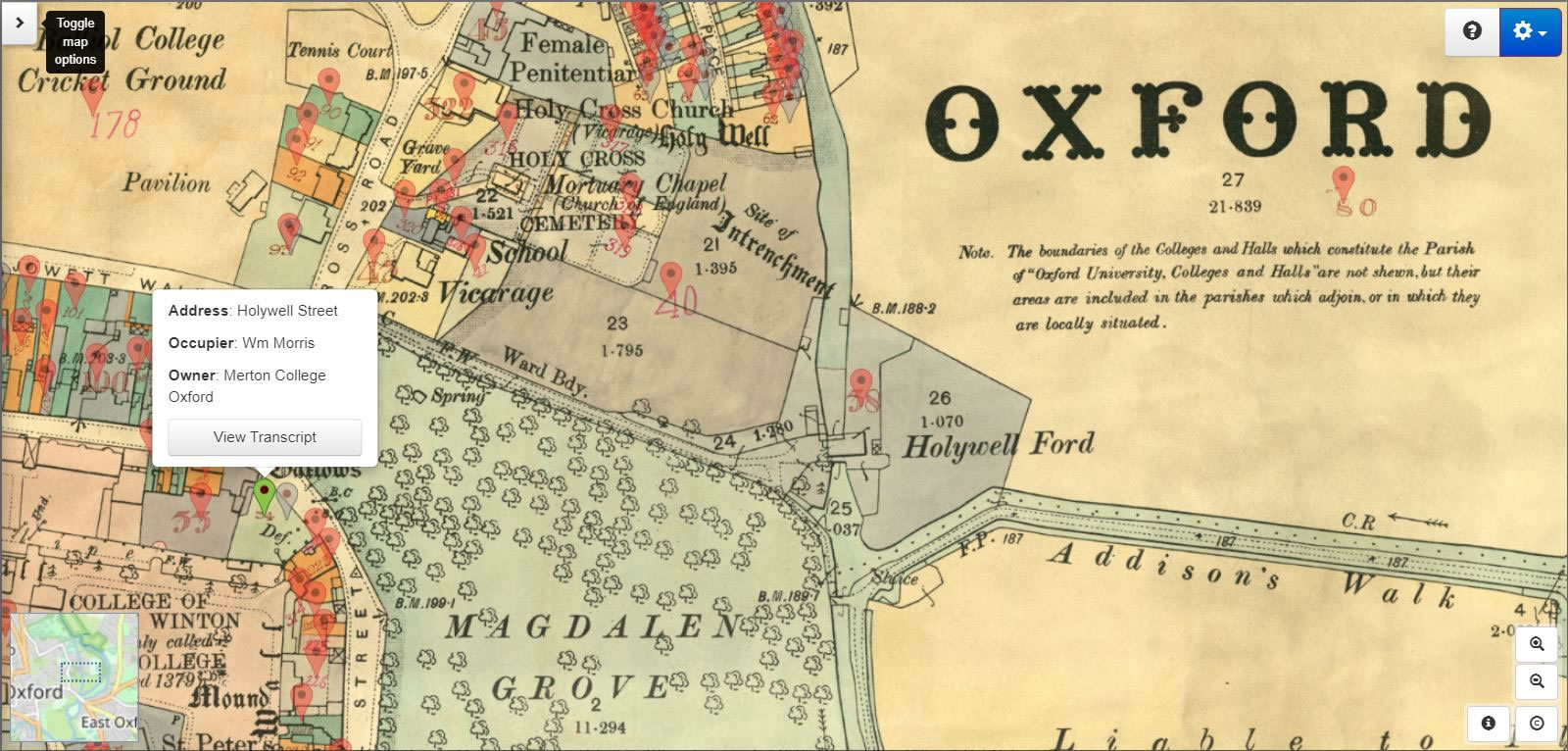 IR126 map of Oxford showing the new Morris Garage built by his landlords, Merton College