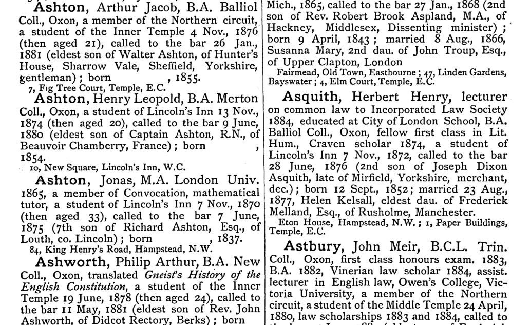 Prime Minister, H H Asquith before he went into politics recorded in Men at the Bar, a Biographical Hand List 1858