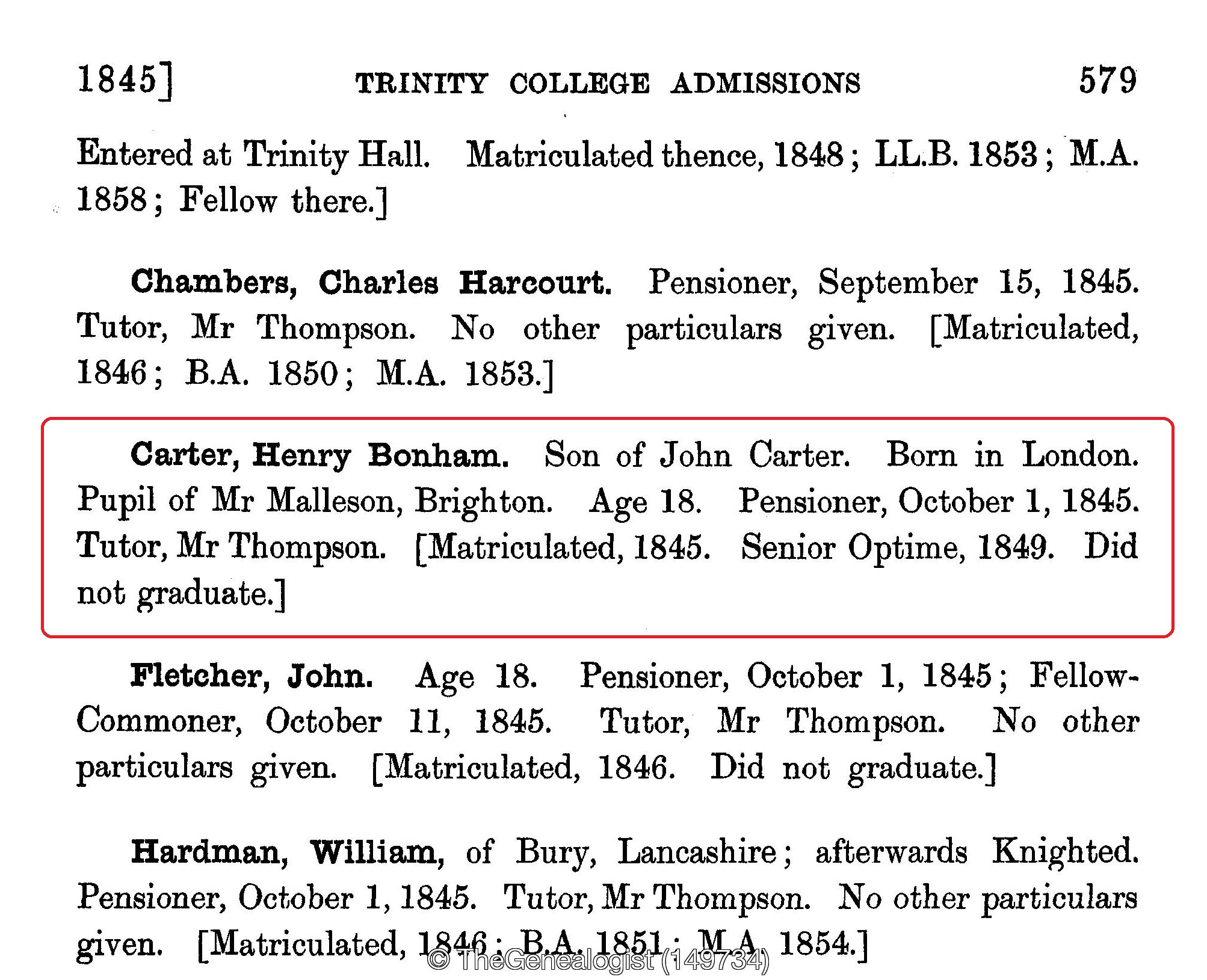 Education Records on TheGenealogist with Henry Bonham Carter's entry in Trinity College Cambridge Admissions