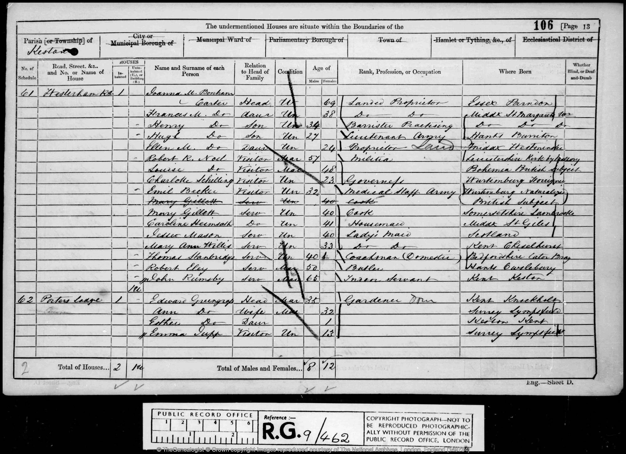 1861 Kent census of Keston where the 34 year old Barrister is under his mother's roof