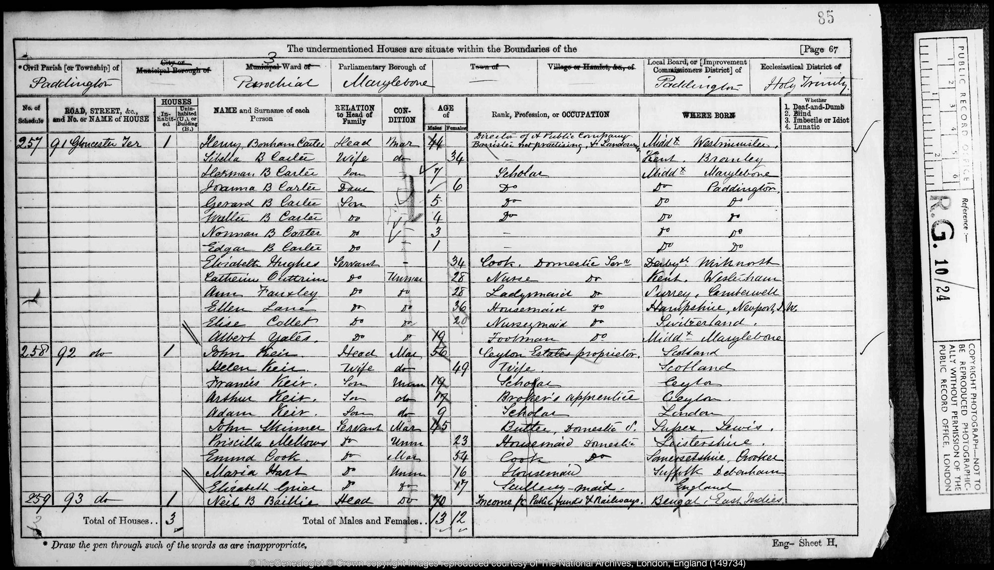 1871 census Henry Bonham Carter with his wife and family in Paddington