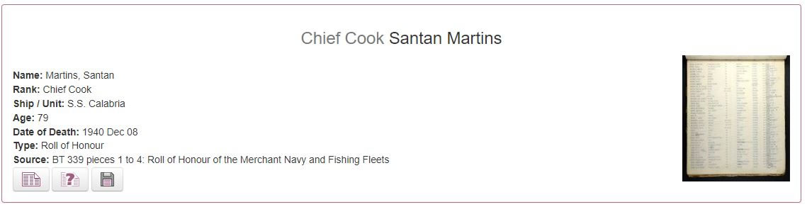 Chief Cook Santan Martins was 79 years of age when his ship sunk in December 1940