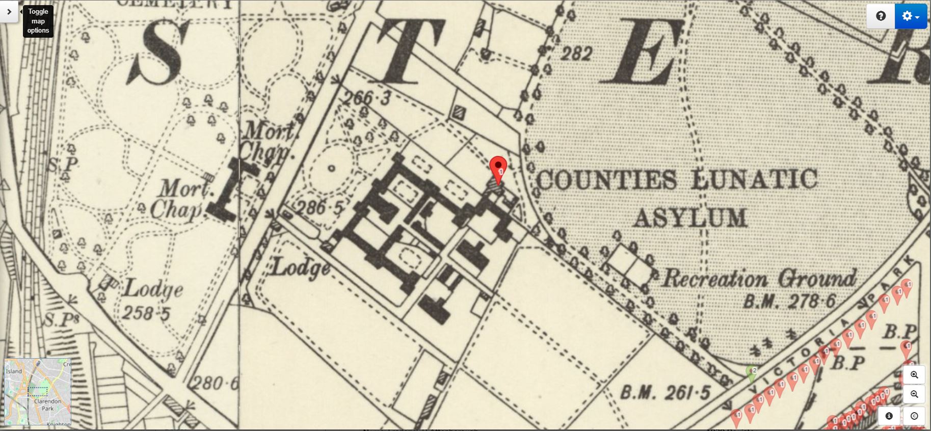 Georeferenced 1893-1900 OS map on Map Explorer™ reveals the outline of the Counties Lunatic Asylum prior to it becoming the college