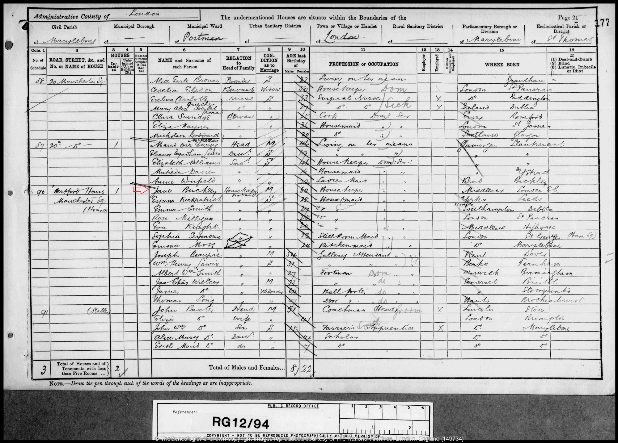 Jane Buckley, Housekeeper, recorded first in the absence of the Wallaces for the 1891 census