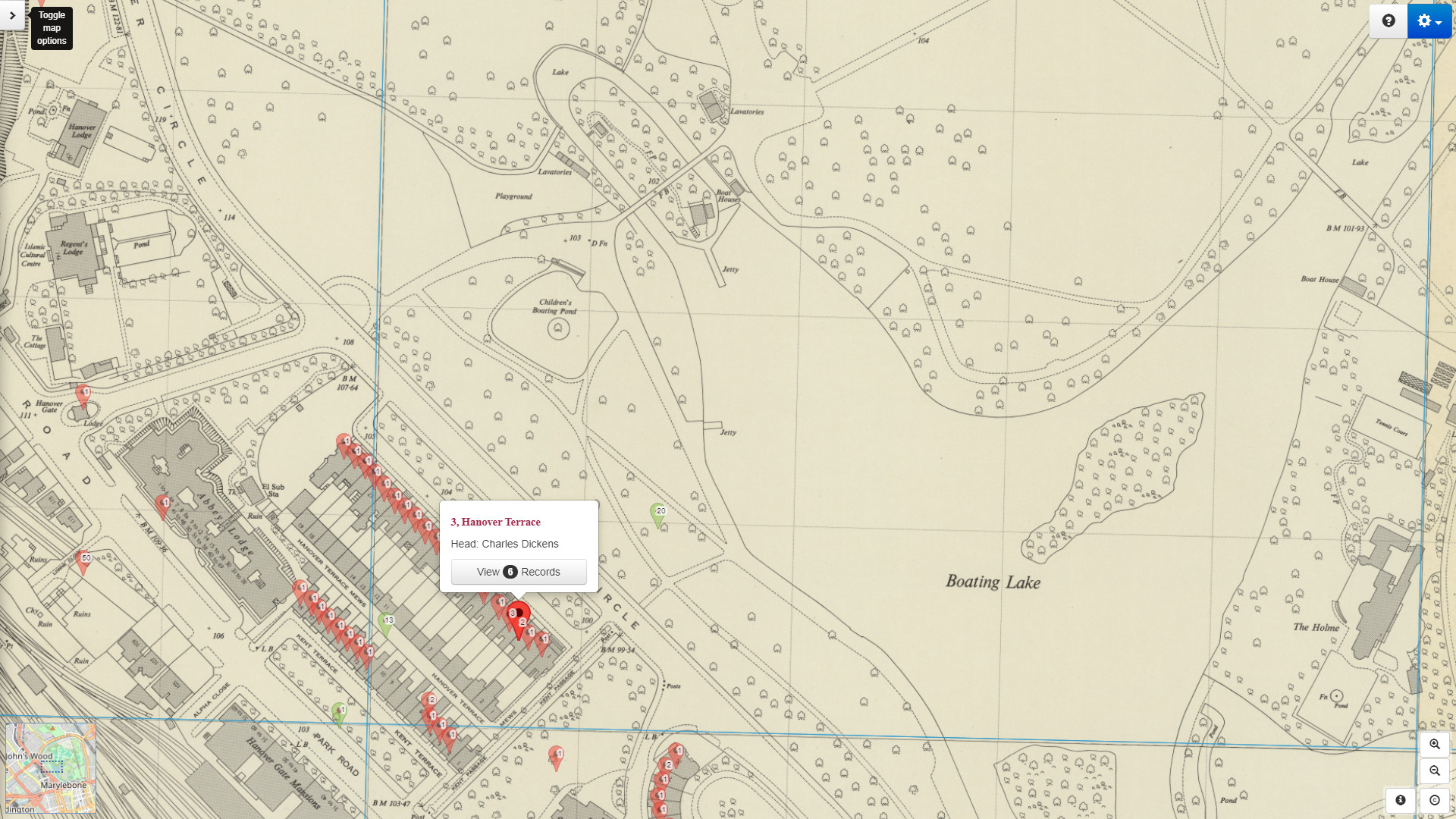 Clicking through to the Map Explorer™ allows us to see the exact house plotted on a historic map