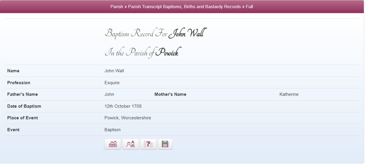 Baptism of John Wall 12th October 1708 in the Powick Parish Registers