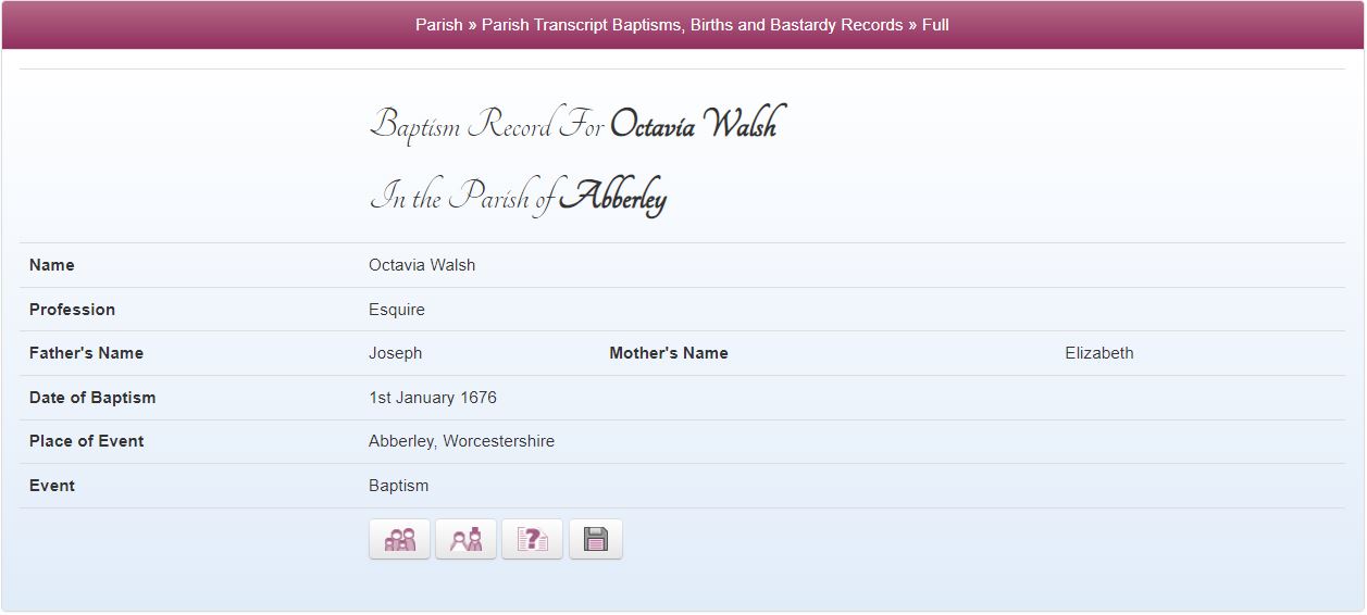 Baptism record for Octavia Walsh in the Parish of Abberley