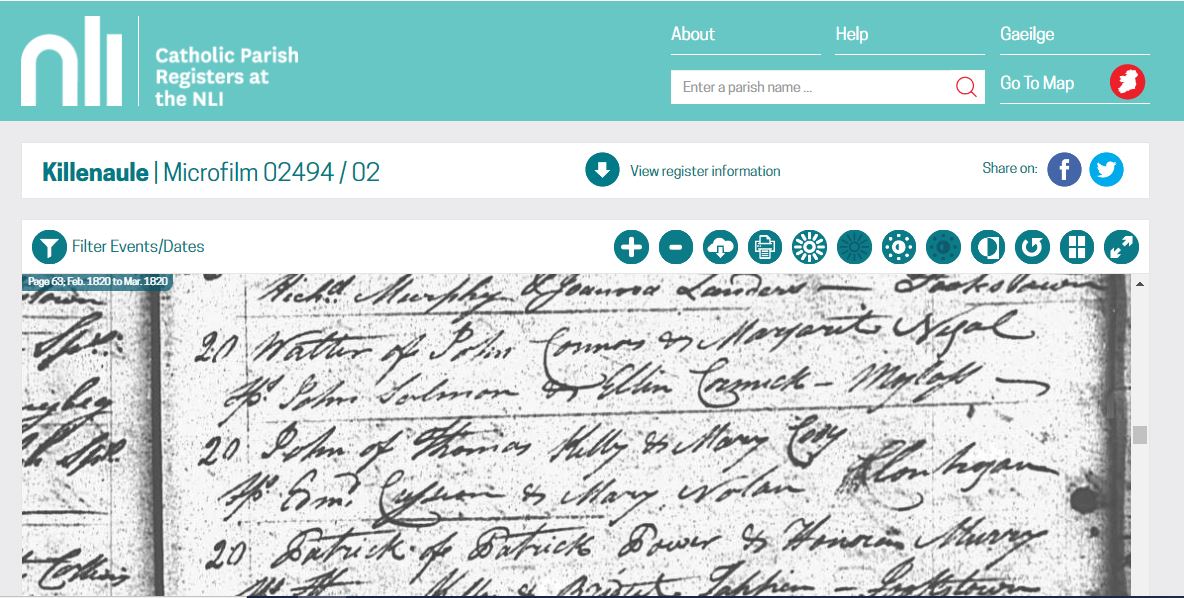 With a single click we are able to jump to the parish register on The National Library of Ireland’s website