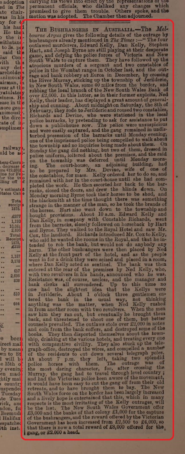 The Times dated 9 April 1878, in the Newspapers and Magazines on TheGenealogist, reported on Ned and his accomplices' crimes.