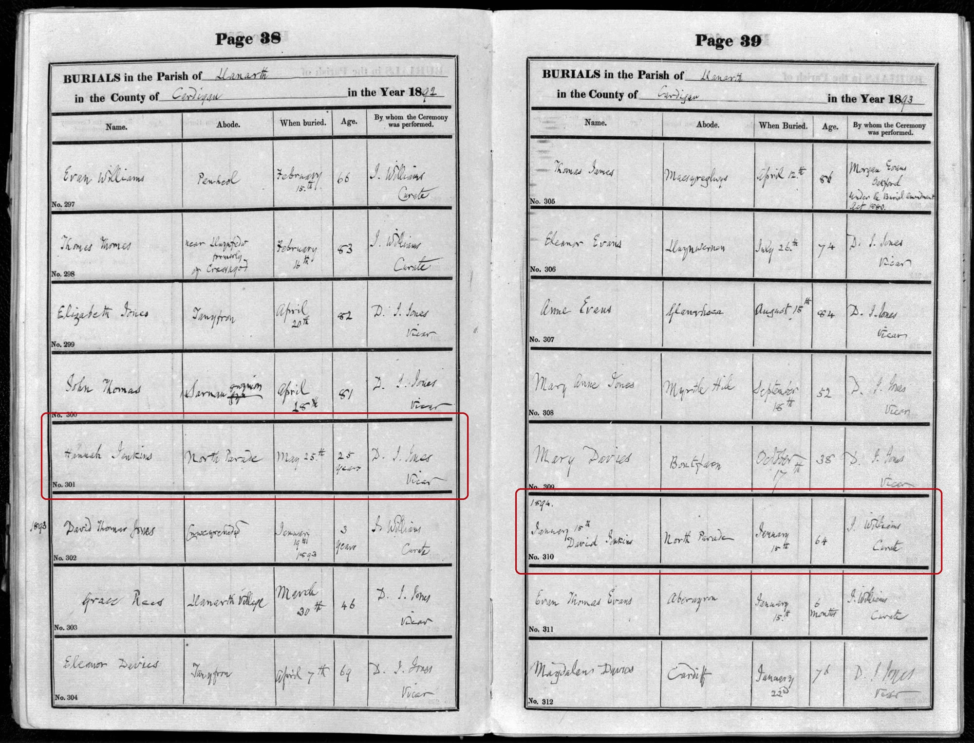 Ruth Jones's great great grandfather, Captain David Jenkins, and her great aunt, Hannah are found in the
		Llanarth burial register for 1892 and 1893