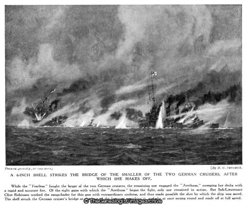 A 6 inch shell strikes the bridge of the smaller of the two German cruisers after which she makes off (1914, Battle of Heligoland Bight, HMS Arethusa, HMS Fearless, North Sea, Painting, SMS Frauenlob, SMS Stettin, WW1)