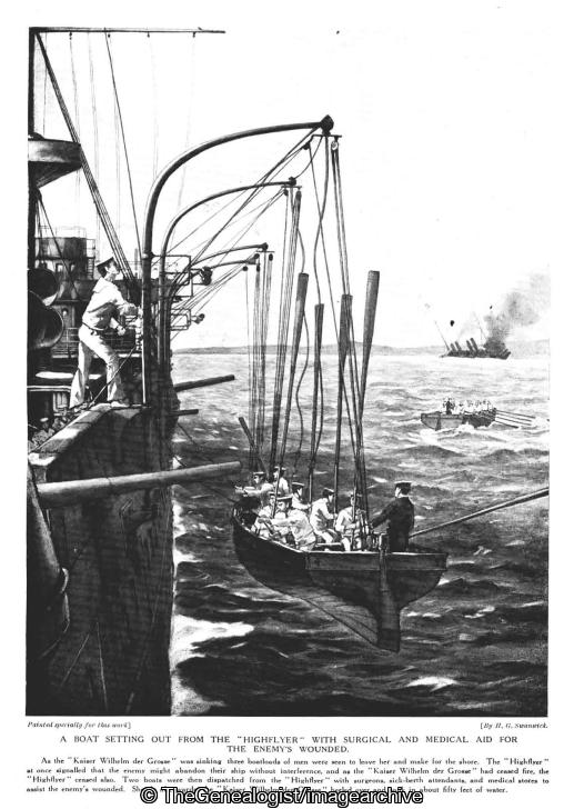 A Boat setting out from the Highflyer with surgical and medical aid for the enemys wounded (1914, HMS Highflyer, Lifeboat, North Atlantic, SS Kaiser Wilhelm der Grosse, WW1)