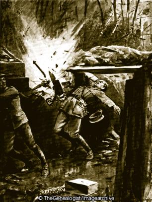 A shell wrecks the machine gun which Lieutenant Dimmer was working during an attack by the Prussian guard (1914, Belgium, Headquarters, John Dimmer, Klein Zillebeke, Machine Gun, VC, West Flanders, WW1)