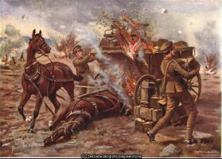 Acting Bombardier H A Creasey assisting to unload a burning ammunition wagon under very heavy shell fire (Belgium, Bombardier, DCM, Potijze, Royal Artillery, Royal Field Artillery, Wagon, West Flanders, WW1, Ypres)