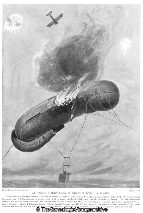 An enemy Kite balloon is brought down in flames (1915, 2nd Lieutenant, Albert Ball, Biplane, Bomb, MC, Notts and Derby Regiment, Observation Balloon, Rainsford Balcombe-Brown, Royal Field Artillery, Royal Flying Corps, Sherwood Foresters, WW1)
