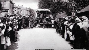 Back from the field of honour wounded British soldiers arriving at hospital in a converted motor omnibus (Devon, England, Hospital, omnibus, Plymouth, Stretcher, Wounded, WW1)