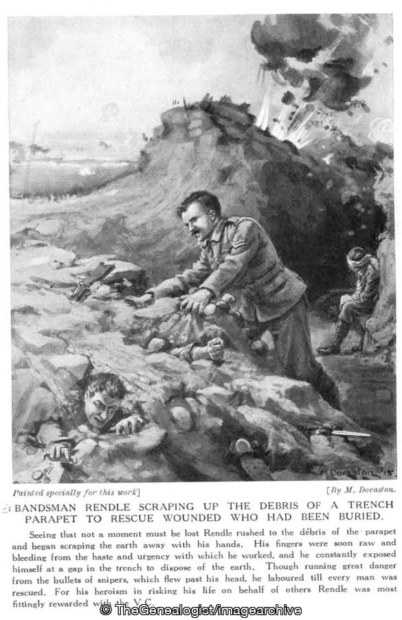 Bandsman Rendle scraping up the debris of a trench parapet to rescue wounded who had been buried (1914, 1st Battalion, Bandsman, Belgium, Duke of Cornwall's Light Infantry, Thomas Edward Rendle, Trench, VC, West Flanders, Wounded, Wulverghem, WW1)