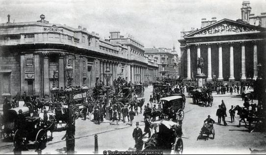 Bank of England London (Bank of England, C1910, England, hand cart, Horse and Carriage, London, omnibus)