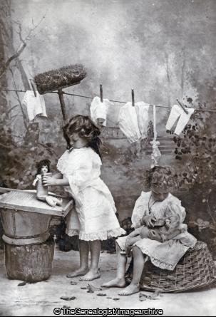 Best to be busy (basket, brush, C1910, Children, doll, Wash Day, washboard, Washing)