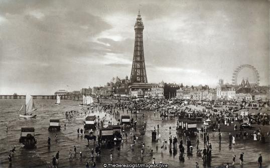 Blackpool from Centre Pier 1913 (Bathing Machine, Beach, Blackpool, C1910, England, ferris wheel, Lancashire, Pier, sailing boat, tower)