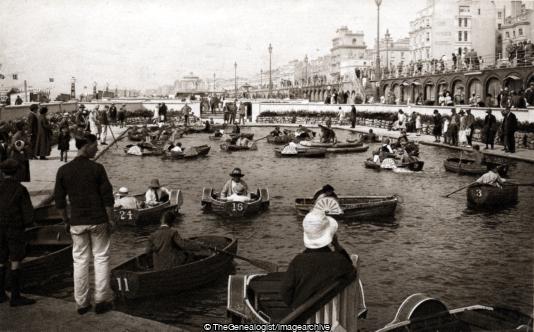 Boating Pool Brighton 1928 (1/2d, 1928, Boating Pool, Brighton, Carshalton, London, M, Miss, paddle boat, Park Hill, Rowing Boat, Rumgany, Surrey, The Kings Hotel)