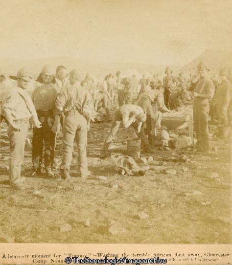 Boer War - A heavenly moment for Tommy - Washing the terrible African dust away, Gloucester Camp, Naauwpoort, South Africa (3d, Boer War, Camp, Gloucester Camp, Naauwpoort, Northern Cape, South Africa, Tommy Atkins, Washing)