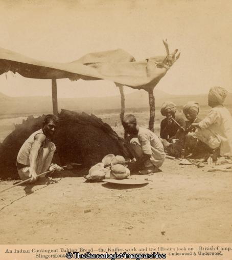 Boer War - An Indian Contingent Baking Bread - the Africans work and the Indians look on - British Camp, Slingersfontein, South Africa (3d, Baker, Boer War, bread, Northern Cape, Slingersfontein, South Africa)
