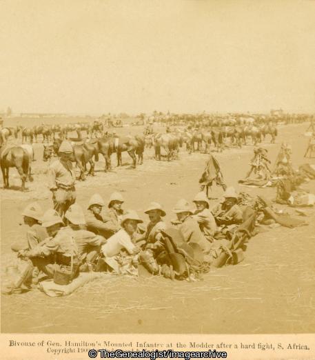 Boer War - Bivouac of General Hamilton's Mounted Infantry at the Modder after a hard fight, South Africa (3d, At Rest, Bivouac, Boer War, Horse, Modder River, Mounted Infantry, Sir Ian Hamilton, Soldiers, South Africa)