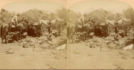 Boer War - Correspondents scrutinizing a hut in the Boer Laager at Klip Drift, South Africa (3d, Boer Laager, Boer War, Free State, Horse, hut, Klip Drift, South Africa, War Correspondent)