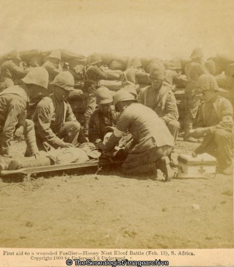Boer War - First aid to a wounded Fusilier - Honey Nest Kloof Battle (Feb 13), South Africa (3d, Boer War, Eastern Cape, first aid, Honey Nest Kloof, Royal Munster Fusiliers, South Africa, Stretcher)