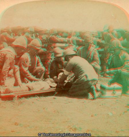 Boer War - First aid to a wounded Fusilier - Honey Nest Kloof Battle (Feb 13), South Africa (3d, Boer War, Eastern Cape, first aid, Honey Nest Kloof, Royal Munster Fusiliers, South Africa, Stretcher)