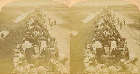 Boer War - First train of refugees out of Kimberley after the siege (Feb 22nd), South Africa (3d, Boer War, Kimberley, Railway, Refugees, South Africa, Train, vehicle)