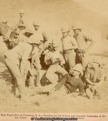 Boer War - New Year's Day at Colesberg, South Africa - Reading the list of dead and wounded Comrades of the day before (3d, Boer War, Colesberg, Horse, New Year's Day, Northern Cape, Soldiers, South Africa)