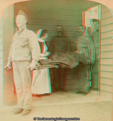 Boer War - Rest, Hero, Rest! Thy Warfare is over - A frequent scene at Wynberg Hospital, Cape Town, South Africa (3d, Boer War, Cape Town, Hospital, Nurse, South Africa, Stretcher, Stretcher Bearer, Wynberg Hospital)