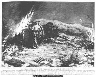 Bombardier Cook taking live shells out of a blazing ammunition wagon (1915, Bombardier, Cape Helles, DCM, Fire, Gallipoli, Royal Field Artillery, Turkey, Wagon, WW1)